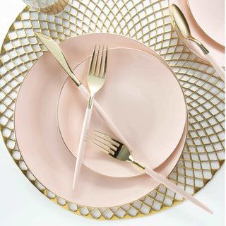 Blush Gold Plastic Cutlery Set
16 Forks | 8 Spoons | 8 Knives
32 Piece Set

Color: Blush • Gold
Pattern: Two Tone
Material: Premium Plastic 
Care and Maintenance Care: Hand Wash
• Not MicrowavablLuxe Party