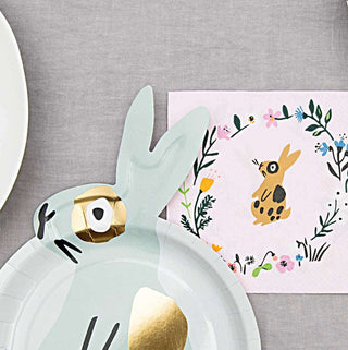 BUNNY PLATEAdorable mint bunny paper plates, bunny shaped with gold foil embelishments.  Perfect for Easter and Spring time celebrations.
Pack of 12
Size 9 x 13 inYEY