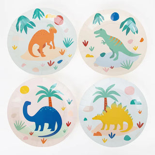 A set of four colorful eco-friendly Dinosaur Jurassic Plates by My Little Day featuring playful dinosaur illustrations amid tropical foliage, suitable for a children's party.