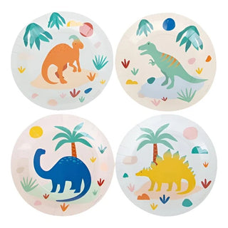 A set of four colorful eco-friendly Dinosaur Jurassic Plates by My Little Day featuring playful dinosaur illustrations amid tropical foliage, suitable for a children's party.