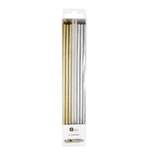 A pack of 16 Metallic Birthday Candles by Talking Tables in two elegant colors, gold and silver, neatly packaged in a sleek white rectangular box.