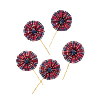 Five Coterie Party Supplies Plaid Pinwheel Fan Toppers in red are arranged in a scattered pattern on a plain white background.