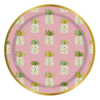 Pink Pineapple PlateShow off your style with these pineapple paper plates.
Features:

Pink plate with pineapple design and gold trim finish
Durable and disposable
Size:7" Diameter 
8 plSlant