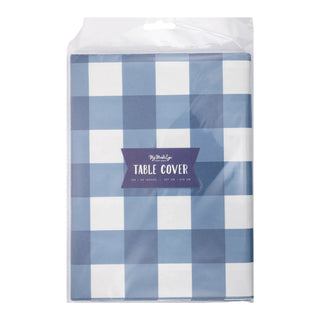 My Mind’s Eye Blue Gingham Paper Table Cover, featuring a blue and white checkered pattern labeled "Table Cover" and dimensions of 108 x 54 inches, is perfect for an outdoor event or patriotic party.