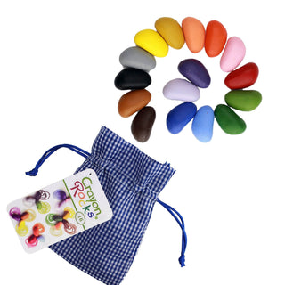 Crayon Rocks 16 Colors 
Crayon Rocks are vibrantly colored all natural soy wax crayons that are made in rural Kentucky. This cute bag, blue and white gingham, contains 16 crayons in the bCrayon Rocks