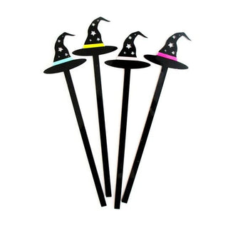 Acrylic Witch Hat Drink StirrersSet of 4 black witch hats with colorful bands. 
Perfect to use for cocktails or a cake!Kailo Chic