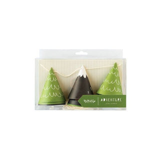 Tree Cone BannerBring the outdoors and adventure to your party with this mountain and tree banner. Made from cones that are 3.5 tall that feature illustrations of mountains and pineMy Mind’s Eye