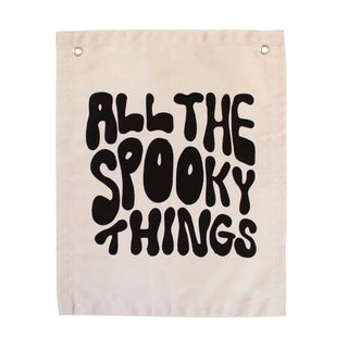 Spooky Things Bannerd e s c r i p t i o n 
"All The Spooky Things" Canvas Banner | Halloween Wall Flag Sewn and screen printed by hand on natural canvas by Kenyan artisans
d e t a i l sImani Collective