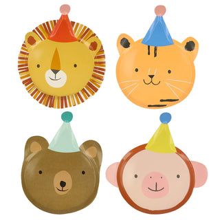 Four Animal Parade Die Cut Plates made from sustainable FSC paper with party hats on them for the party guests by Meri Meri.