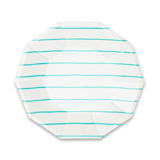 Aqua Frenchie Striped Large PlatesOoh la la! Inspired by the iconic french breton stripe, these foil-pressed plates are anything but basic. Let them stand alone or mix and match with another pattern Daydream Society