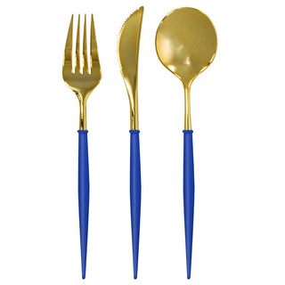 Three Blue & Gold Bella assorted plastic forks and spoons with a modern design on a white background.