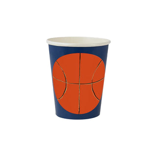 A Meri Meri Basketball Cups with a basketball on it, perfect for basketball parties.