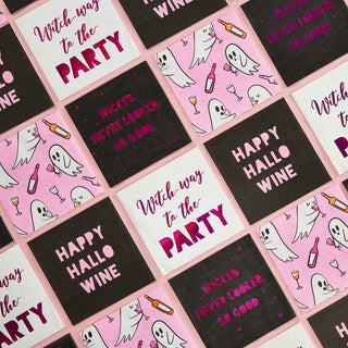Happy Hallowine Beverage NapkinsCelebrate Halloween in style with these cute and decorative beverage napkins.

Black napkin with "Happy Hallowine" in pink lettering
Durable Feel
Size:5" x 5" h / 20Slant