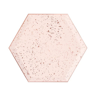 Blush & Rose Gold Drip Paper Plates - SmallThese hexagonal paper plates are the perfect shade of blush pink, dripped with rose gold foil and a shiny rose gold trim.

Dessert plate size (9 inches / 23cm)
Each Paperboy