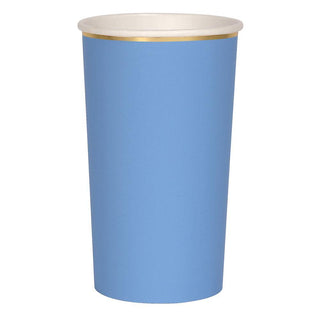 Bright Blue Highball CupsThese bright blue highball cups, with a stylish shiny gold border, are a bright and beautiful way to serve refreshing drinks. Made from high-quality card with a supeMeri Meri