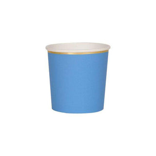 Bright Blue Tumbler CupsYour party guests will appreciate a refreshing drink served in these beautiful bright blue tumbler cups. Made from high-quality card with a shiny gold foil border anMeri Meri