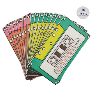A 16-pack of Kailo Chic CASSETTE TAPES GUEST NAPKINS spread out in a fan shape, featuring retro design elements reminiscent of classic audio tapes.
