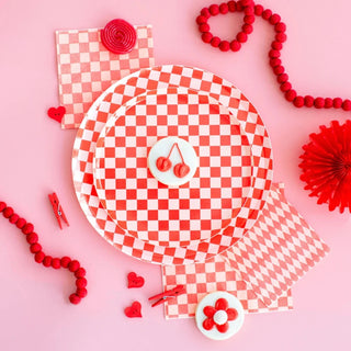 Cherry Crush Dinner PlatesInspired by the classic skater shoe, our Check It collection is sure to make your party checklist! The two-tone plates and checkered print napkins are perfect for miJollity & Co