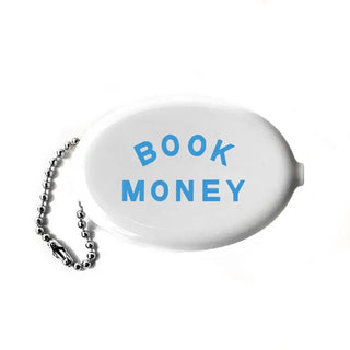 A white oval keychain with "Coin Pouch - Book Money" text in blue, attached to a silver beaded chain, symbolizing a dedicated secret stash hideaway for purchasing books by Three Potato Four.