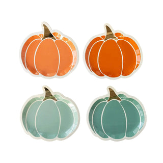 Colorful Pumpkin Shaped Plates Set• Includes 8 - 10 x 9.75 inch paper plates 
• gold foil accents 
• 2 each of 4 unique designsMy Mind’s Eye