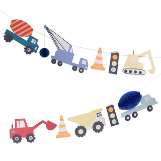 Construction GarlandTurn the party room, or a bedroom, into a fabulous construction zone with this colorful garland. It features beautifully illustrated vehicles, with 3D honeycomb papeMeri Meri