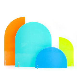 A set of Kailo Chic Customizable Acrylic Decor Stands in Shades of Blue on a white surface, perfect for a party.