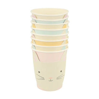 A stack of Meri Meri Kitten Cups made from sustainable FSC paper, with a cute kitten face printed on the outermost cup, suggesting a playful design for a party or children's event.