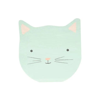 A simplistic illustration designed for Meri Meri's Kitten Napkins, featuring a cat’s face with pastel green fur, subtle blush marks, and a content expression. This minimalist design is printed on sustainable FSC paper.
