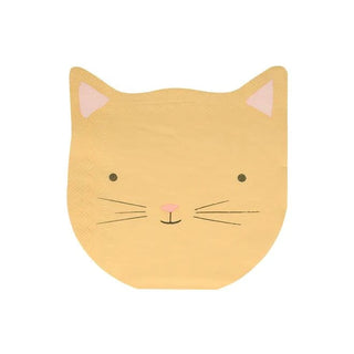 Illustration of a simplistic, cute cat face with a soft beige color, designed for Meri Meri Kitten Napkins, featuring pink inner ears and a small nose, accompanied by thin, delicate whiskers.