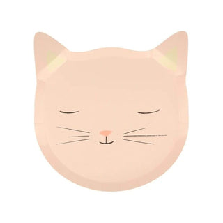 A minimalist illustration of a serene cat's face with closed eyes, a small pink nose, and delicate whiskers, all printed on sustainable FSC paper and set against a clean, white background by Meri Meri's Kitten Plates.