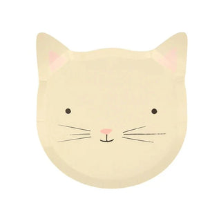 Illustration of a whimsical cat face with a friendly expression, featuring simplistic lines for eyes, whiskers, and a nose on an on-trend pastels background from Meri Meri's Kitten Plates.