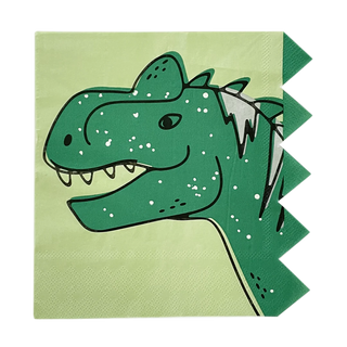 A playful illustration of a green dinosaur with white spots peeks out from a tattered Sophistiplate Dinosaur Lunch Napkin against a pale green background, creating a whimsical, three-dimensional effect.