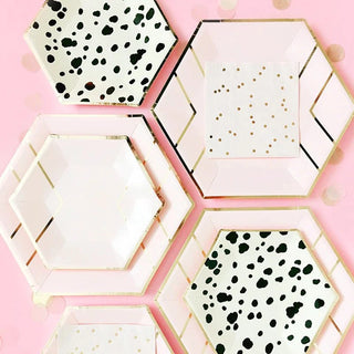 Dalmatian Black & White Plates - SmallThese hexagonal paper plates are the perfect shade of blush pink, with soft gold foil accents.

Dessert plate size (8 inches / 20cm)
Each pack contains 8 paper platePaperboy