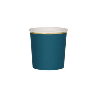 Dark Teal Tumbler CupsThese practical yet stylish dark-teal tumbler cups, with a shiny gold foil border, are perfect to serve party drinks to glamorous guests. Made from high-quality cardMeri Meri