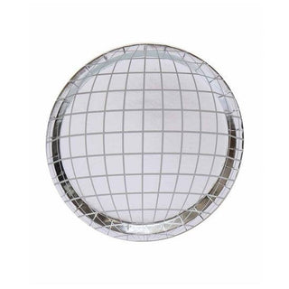 Disco Ball PlatesSet of 8 plates, 
Paper, 
7 7/8" wide, 
Silver foil finish, 
Designed in San Francisco.Oh Happy Day