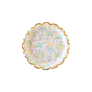 A My Mind's Eye pink Ditsy Floral Round Scallop Plate with gold trim, perfect for Easter table decorations.
