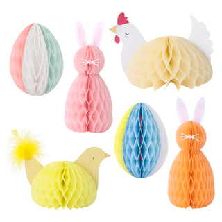 Easter Honeycomb DecorationsIf you're looking for Easter decorations that are different to the norm, then you'll love this set. It features two bunnies, two striped eggs, a hen and a chick, witMeri Meri