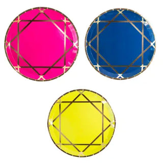 Three Enchanté Dinner Plates - Mixed Pack in pink, blue, and yellow, each with a network of overlapping white lines forming triangular and polygonal shapes, enhanced with gold foil details by Jollity & Co.
