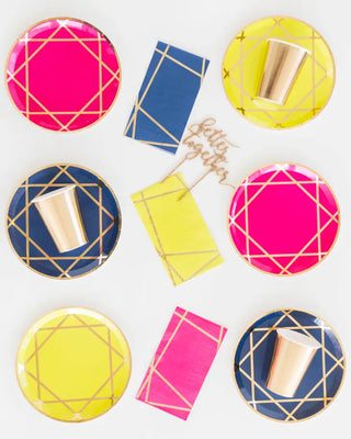 Assorted colorful Enchanté Dinner Plates - Mixed Pack from Jollity & Co with geometric patterns, displayed in a symmetric layout on a white background.