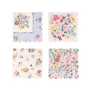 A set of four English Garden Large napkins by Meri Meri with delicate flowers perfect for a party table.