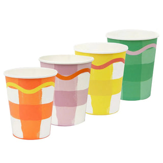Four Everyone's Welcome Multi-Colored Paper Cups by Talking Tables are lined up on a white surface, perfect for parties.
