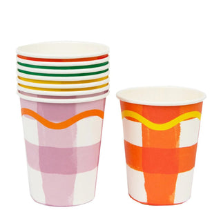 Set of Everyone's Welcome Multi-Colored Paper Cups with plaid designs, perfect for parties by Talking Tables.