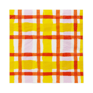 A Everyone's Welcome yellow gingham paper napkin by Talking Tables on a white background, perfect for spring/summer.