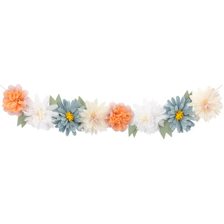 A Flowers In Bloom Giant Garland of paper flowers in blue, orange, and white for self-assembly by Meri Meri.