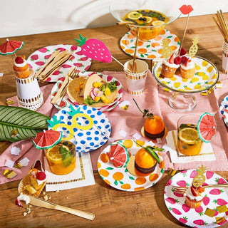 Fruit Punch Large Paper Party PlatesFreshen up your summer soiree with our fruit punch large plates. Featuring a bright mix of strawberries, blueberries, pineapples, watermelon, and oranges, they add aCoterie Party Supplies