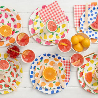 Fruit Punch Small PlatesThe design of the Fruit Punch Small Plates showcase a bounty of summer's tastiest treats. With a mix of strawberries, blueberries, pineapples, watermelon and orangesCoterie Party Supplies