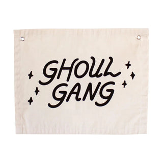 GHOUL GANG BANNERd e s c r i p t i o n 
"Ghoul Gang" Canvas Banner | Halloween Wall Flag Sewn and screen printed by hand on natural canvas by Kenyan artisans
d e t a i l s+ natural cImani Collective