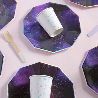 Galactic Large PlatesCalling all space cadets! these plates feature an allover galaxy pattern with a holographic silver foil border, making them perfect for an outer space or star wars pDaydream Society