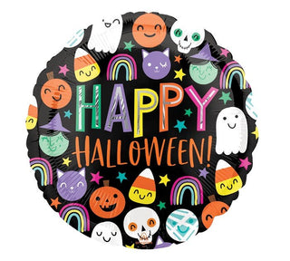 HALLOWEEN HAPPY FACES 17in BALLOONPackaged Foil Balloon
17" flat round helium saver XL balloon. 
Black with Halloween icons around the message "Happy Halloween".Requires 0.385 cubic feet of helium anBurton & Burton