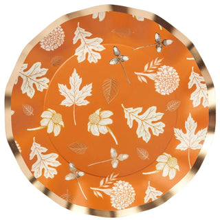 HARVEST GARDEN DINNER PLATEThese stunning Harvest Garden Dinner plates will make you want to host a party at the first chance you get! These ruffled foil edge plates show falling leaves on a bSophistiplate